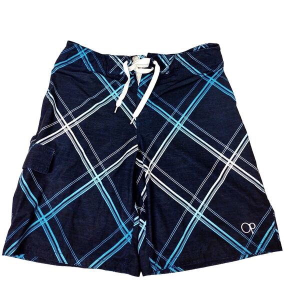 VTG Ocean Pacific OP Board Shorts Men's Size M Navy Plaid Pockets Swim Trunks - Picture 1 of 7